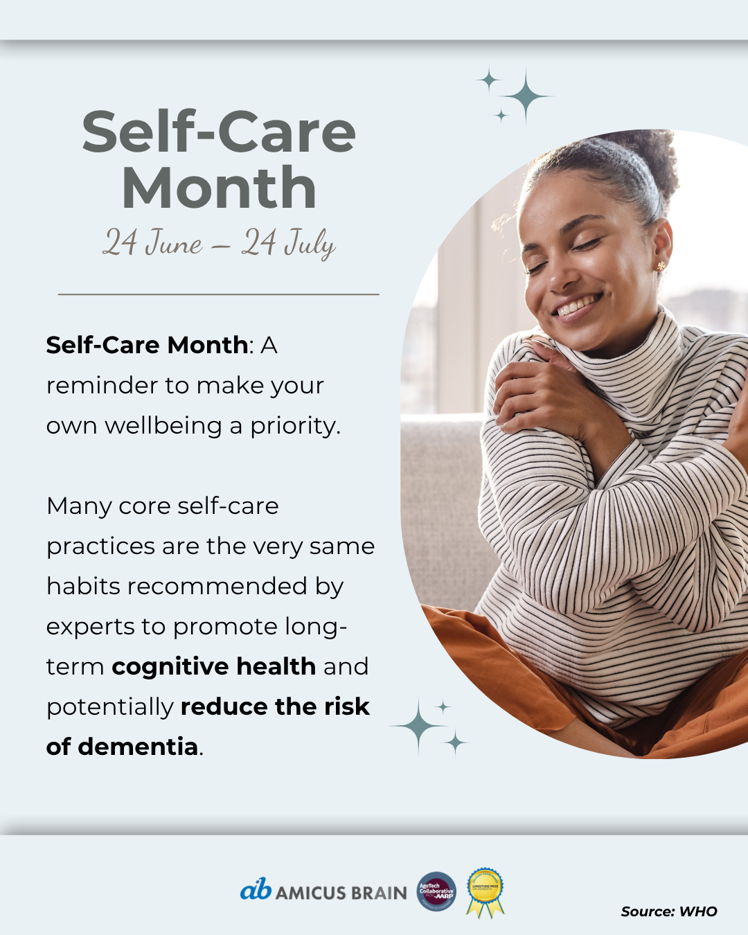 Woman smiling and hugging herself, promoting Self-Care Month and wellbeing.